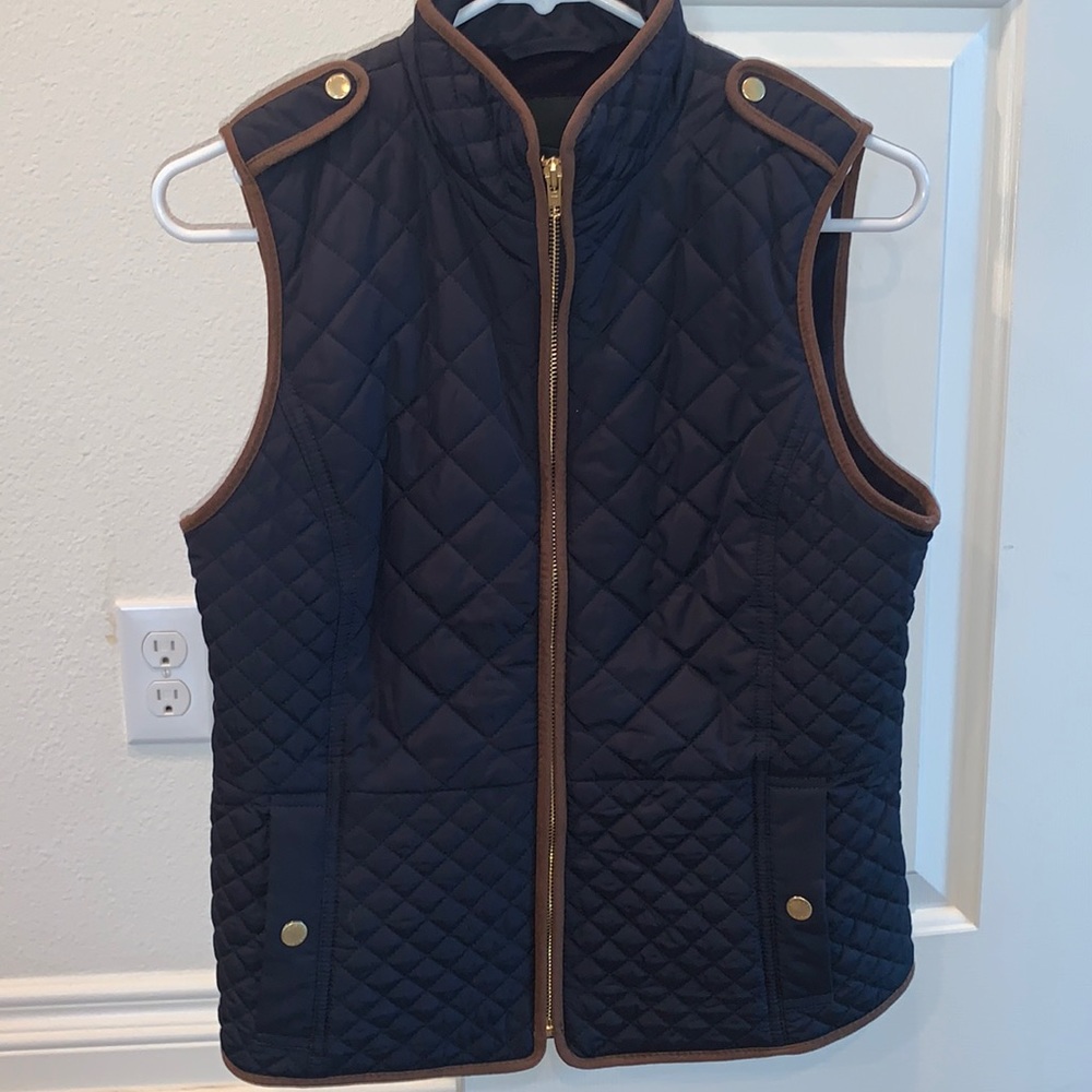 Talbots Dark Navy Quilted Vest w/Gold Accents Zip Front Size Sm P.